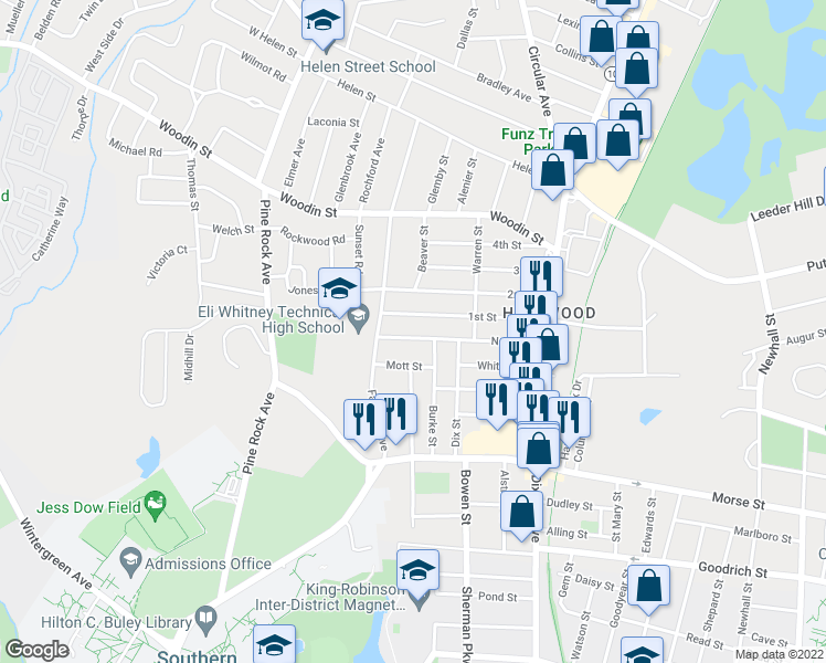map of restaurants, bars, coffee shops, grocery stores, and more near 131 North Street in Hamden