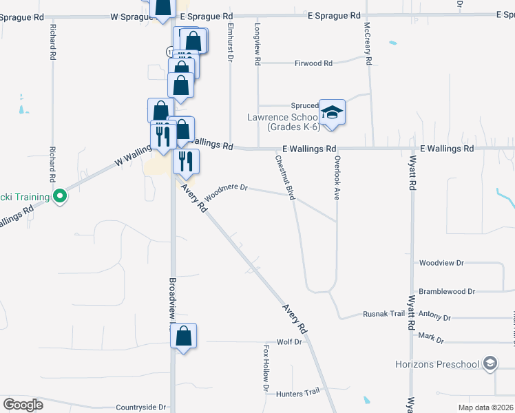 map of restaurants, bars, coffee shops, grocery stores, and more near 8293 Avery Road in Broadview Heights