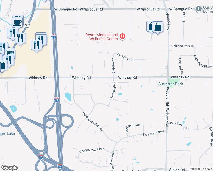 map of restaurants, bars, coffee shops, grocery stores, and more near 9330 Ellis Way in Strongsville