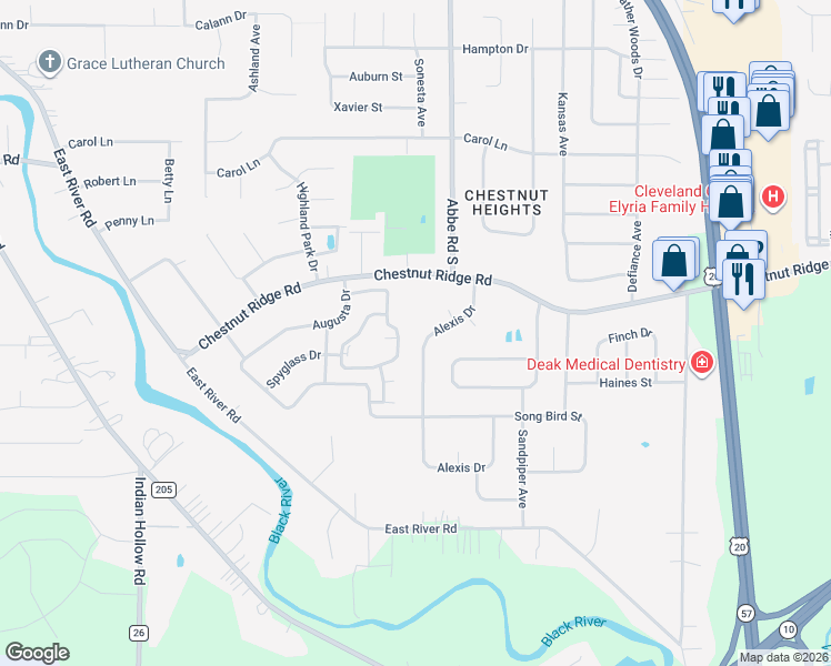 map of restaurants, bars, coffee shops, grocery stores, and more near 318 Stonehedge Drive in Elyria