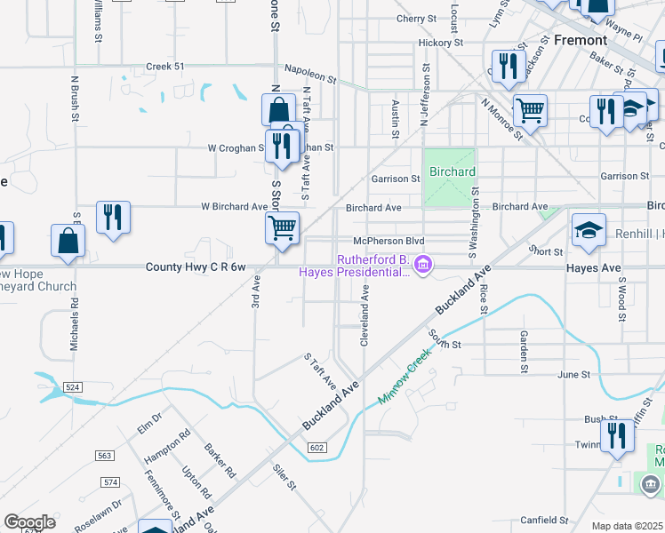 map of restaurants, bars, coffee shops, grocery stores, and more near Memorial Parkway in Fremont