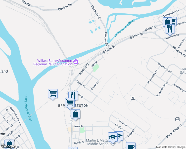 map of restaurants, bars, coffee shops, grocery stores, and more near 16 Green Street in Pittston