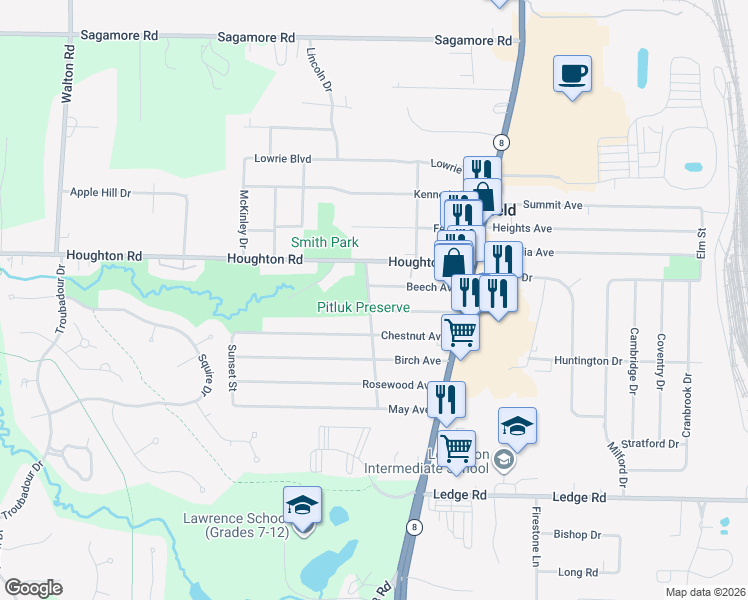 map of restaurants, bars, coffee shops, grocery stores, and more near 90 Maple Avenue in Northfield