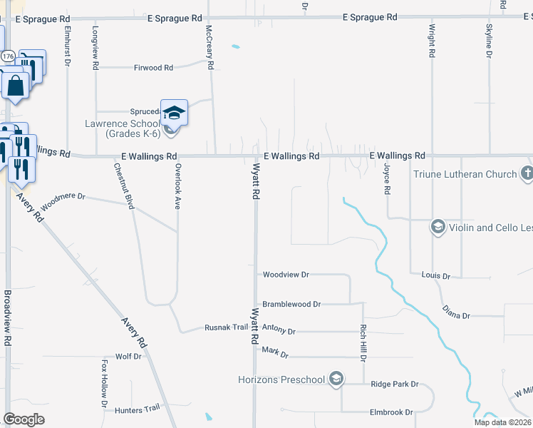 map of restaurants, bars, coffee shops, grocery stores, and more near 8223 Wyatt Road in Broadview Heights