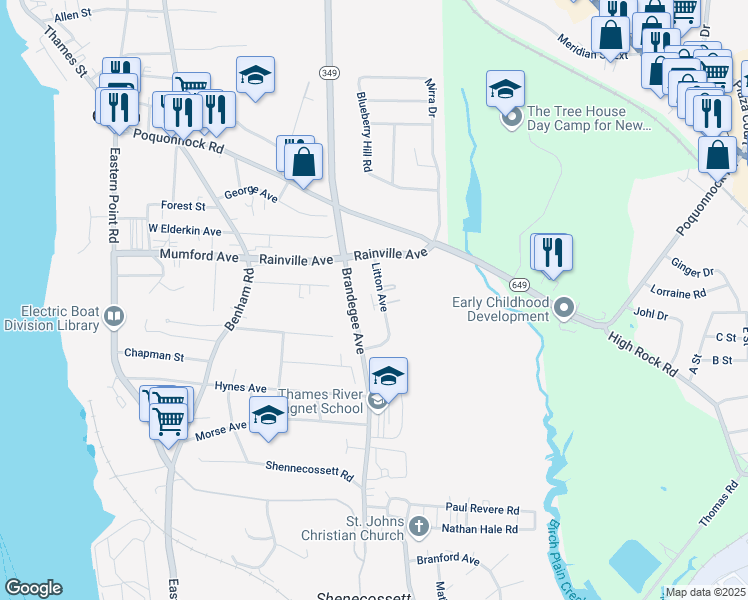 map of restaurants, bars, coffee shops, grocery stores, and more near 99 Litton Avenue in Groton