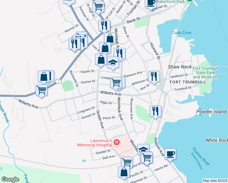 map of restaurants, bars, coffee shops, grocery stores, and more near 27 Alger Place in New London