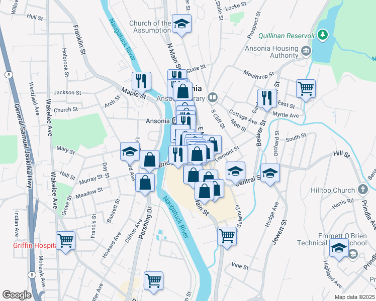 map of restaurants, bars, coffee shops, grocery stores, and more near 300 Main Street in Ansonia
