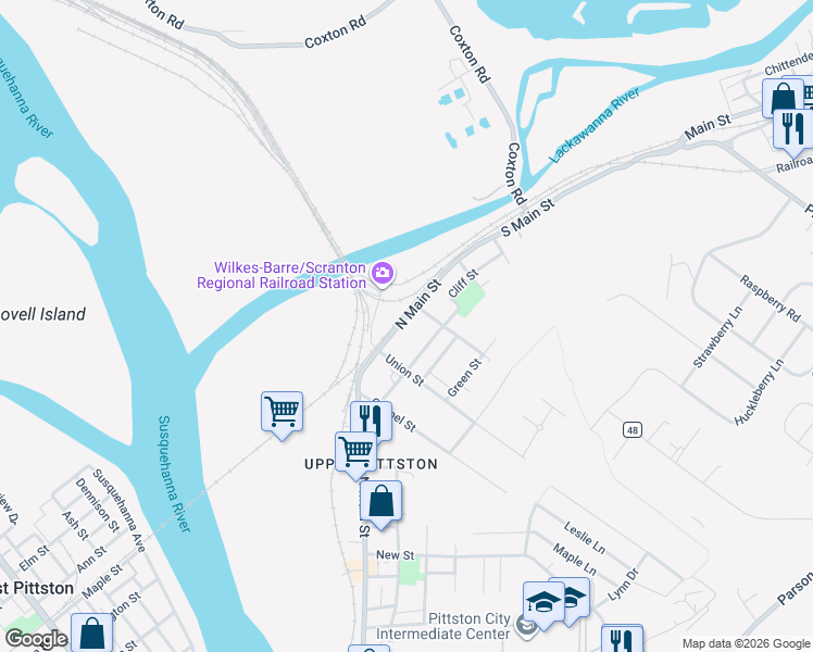 map of restaurants, bars, coffee shops, grocery stores, and more near 66 Cliff Street in Pittston