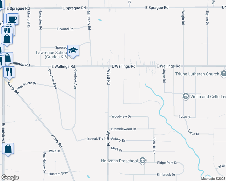 map of restaurants, bars, coffee shops, grocery stores, and more near 8223 Wyatt Road in Broadview Heights
