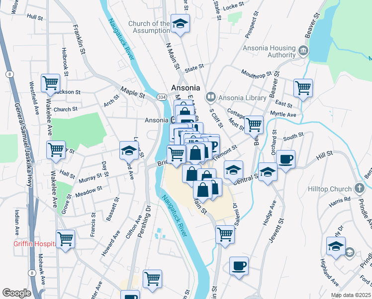 map of restaurants, bars, coffee shops, grocery stores, and more near 15 West Main Street in Ansonia