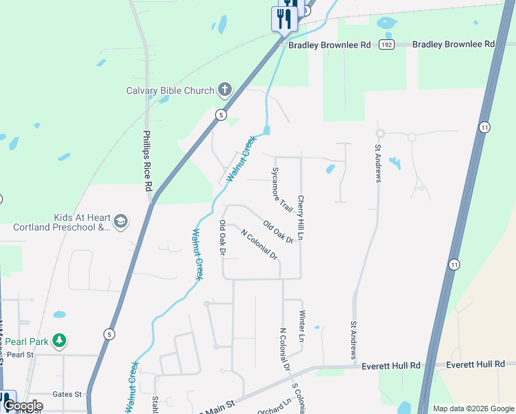map of restaurants, bars, coffee shops, grocery stores, and more near 249 Old Oak Drive in Cortland