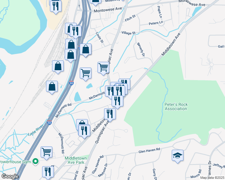 map of restaurants, bars, coffee shops, grocery stores, and more near 103 Quinnipiac Avenue in North Haven
