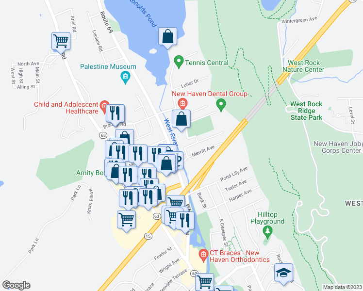 map of restaurants, bars, coffee shops, grocery stores, and more near 10 Miles Avenue in Woodbridge