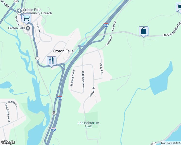 map of restaurants, bars, coffee shops, grocery stores, and more near 68 Sunset Drive in North Salem