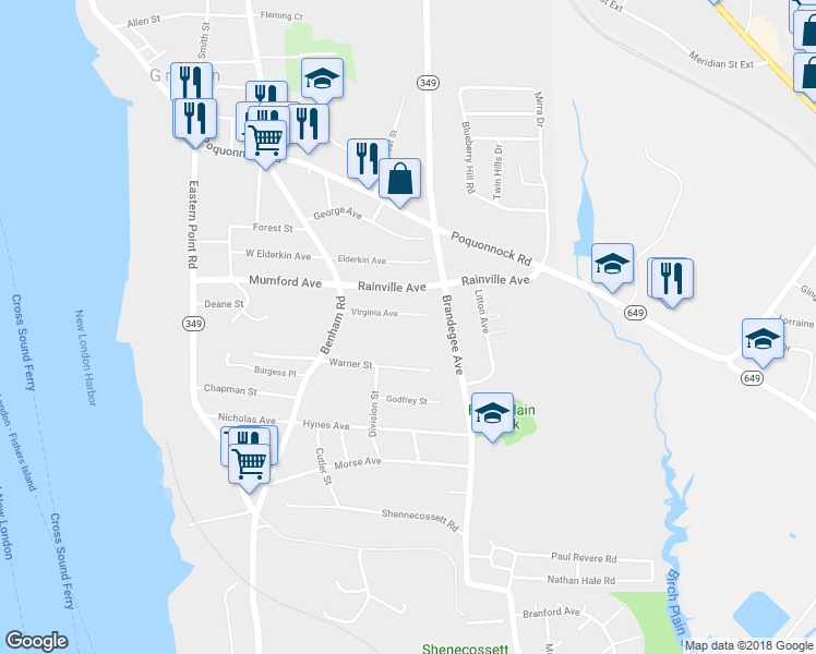 map of restaurants, bars, coffee shops, grocery stores, and more near 69 Virginia Avenue in Groton