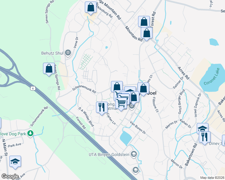 map of restaurants, bars, coffee shops, grocery stores, and more near 15 Schunnemunk Road in Monroe