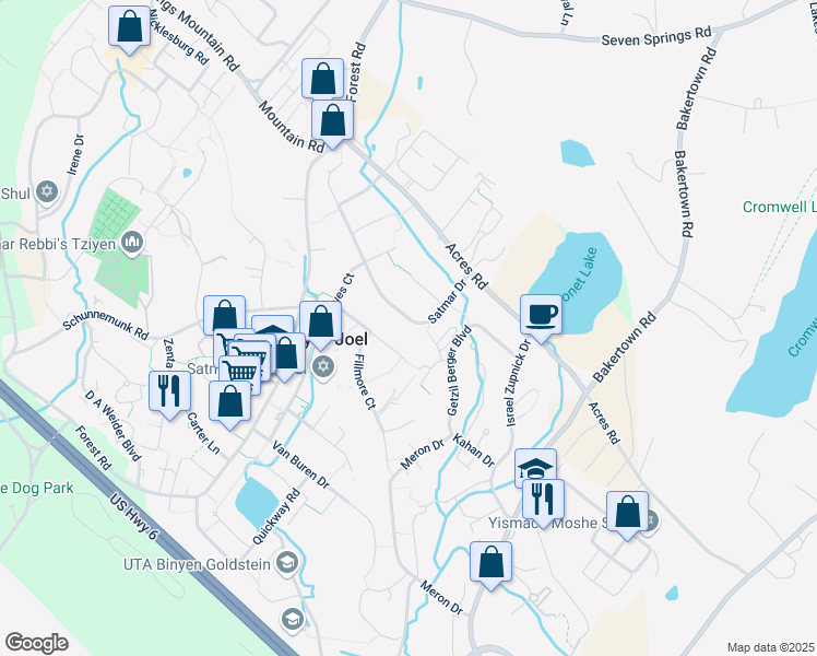 map of restaurants, bars, coffee shops, grocery stores, and more near 20 Satmar Drive in Palm Tree