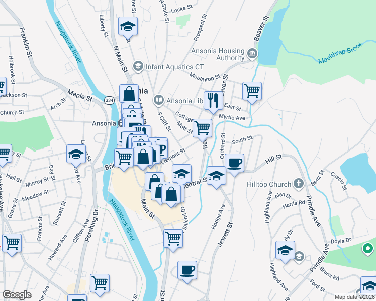 map of restaurants, bars, coffee shops, grocery stores, and more near 137 Tremont Street in Ansonia