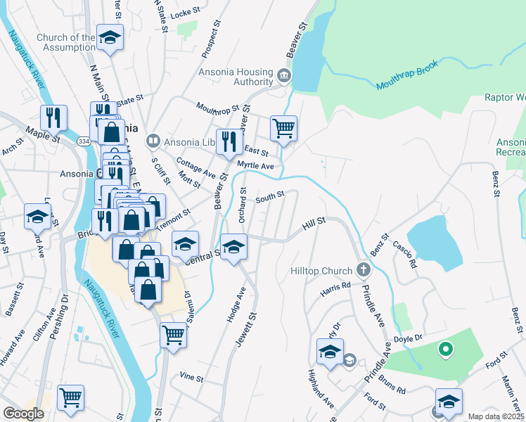 map of restaurants, bars, coffee shops, grocery stores, and more near in Ansonia
