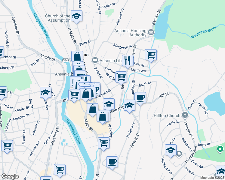 map of restaurants, bars, coffee shops, grocery stores, and more near 137 Tremont Street in Ansonia
