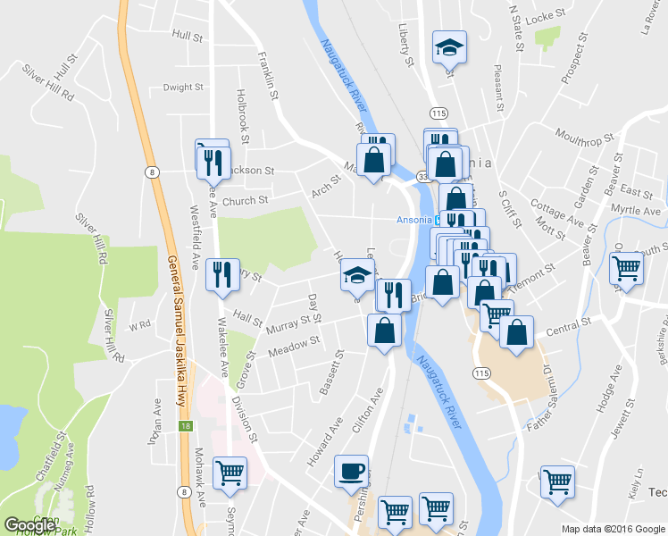 map of restaurants, bars, coffee shops, grocery stores, and more near 144 Howard Avenue in Ansonia