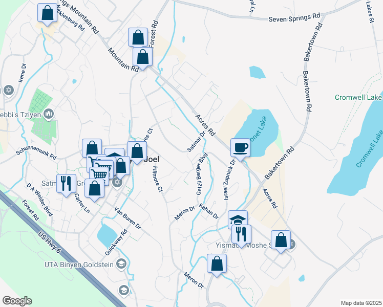 map of restaurants, bars, coffee shops, grocery stores, and more near 7 Satmar Drive in Palm Tree