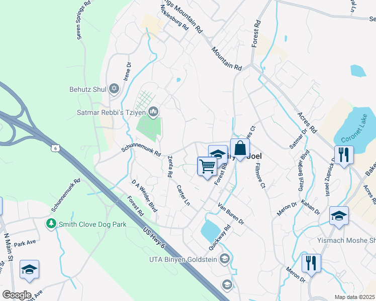 map of restaurants, bars, coffee shops, grocery stores, and more near 15 Schunnemunk Road in Monroe