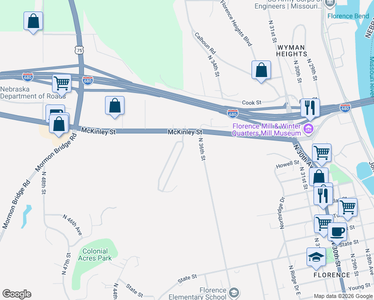 map of restaurants, bars, coffee shops, grocery stores, and more near 3635 McKinley Street in Omaha