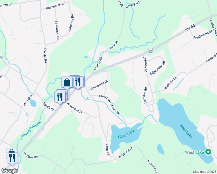 map of restaurants, bars, coffee shops, grocery stores, and more near 38 Dinwoodie Drive in North Branford