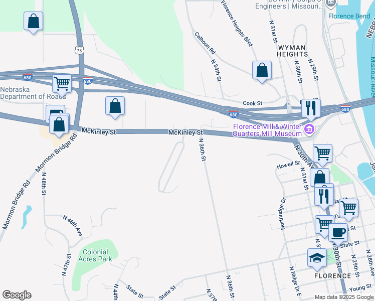map of restaurants, bars, coffee shops, grocery stores, and more near 3635 McKinley Street in Omaha