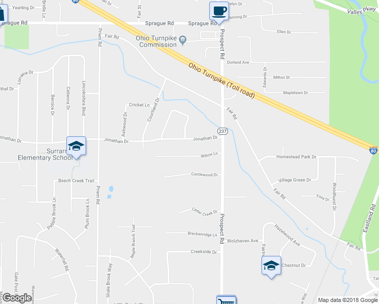 map of restaurants, bars, coffee shops, grocery stores, and more near 21264 Willow Lane in Strongsville