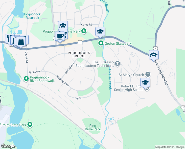 map of restaurants, bars, coffee shops, grocery stores, and more near 20 Midway Oval in Groton