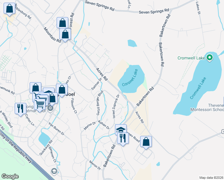 map of restaurants, bars, coffee shops, grocery stores, and more near 143 Acres Road in Monroe