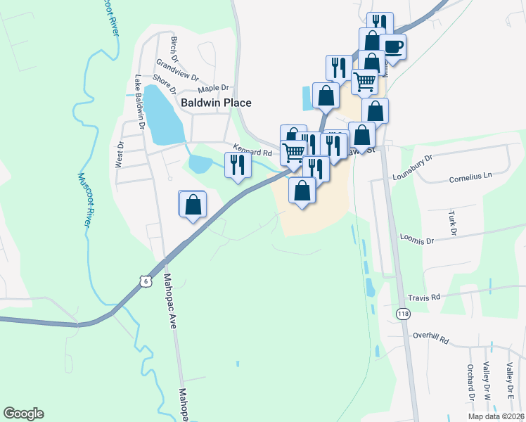 map of restaurants, bars, coffee shops, grocery stores, and more near 34 Clayton Boulevard in Yorktown Heights