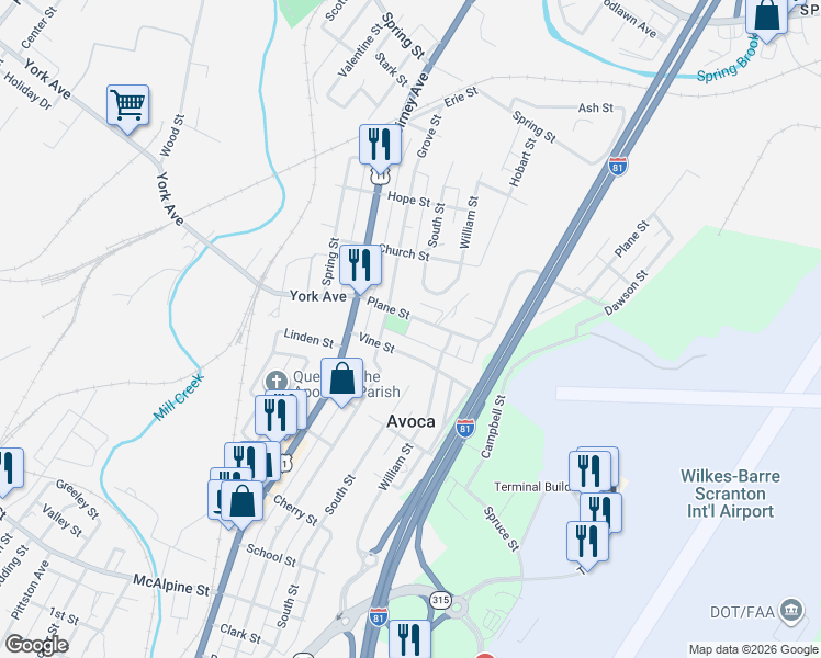 map of restaurants, bars, coffee shops, grocery stores, and more near 1015 Plane Street in Avoca