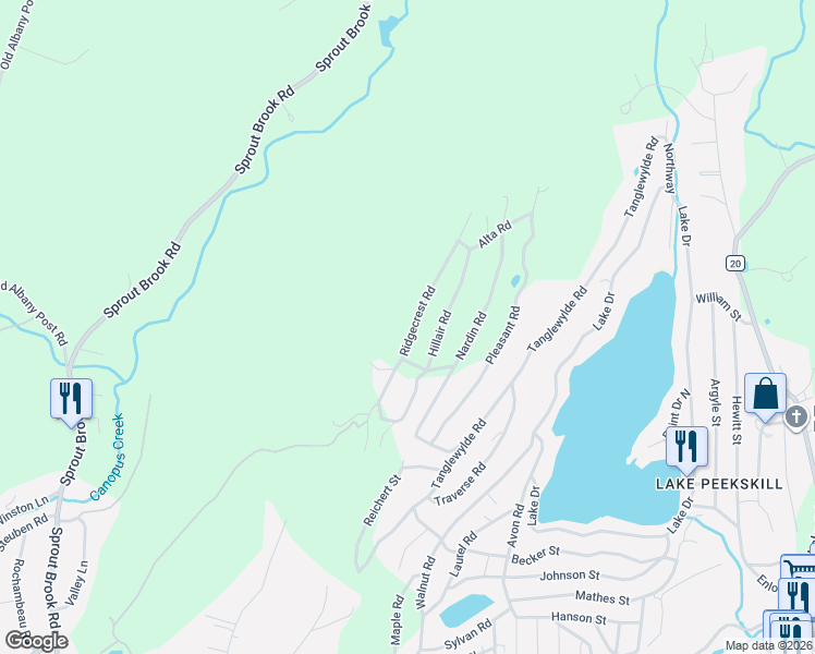 map of restaurants, bars, coffee shops, grocery stores, and more near 46 Ridgecrest Road in Putnam Valley