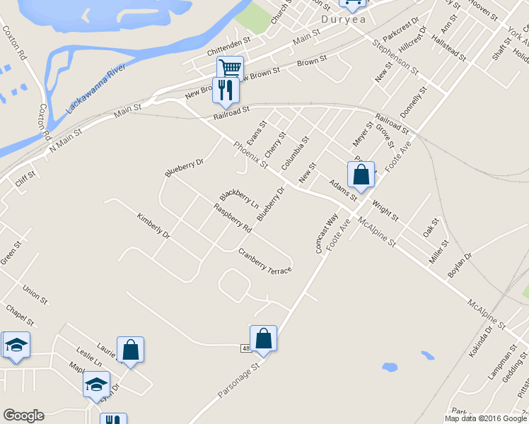 map of restaurants, bars, coffee shops, grocery stores, and more near 801 Blueberry Drive in Duryea