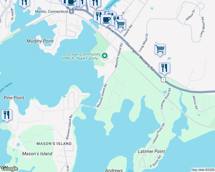 map of restaurants, bars, coffee shops, grocery stores, and more near 76 Masons Island Road in Stonington