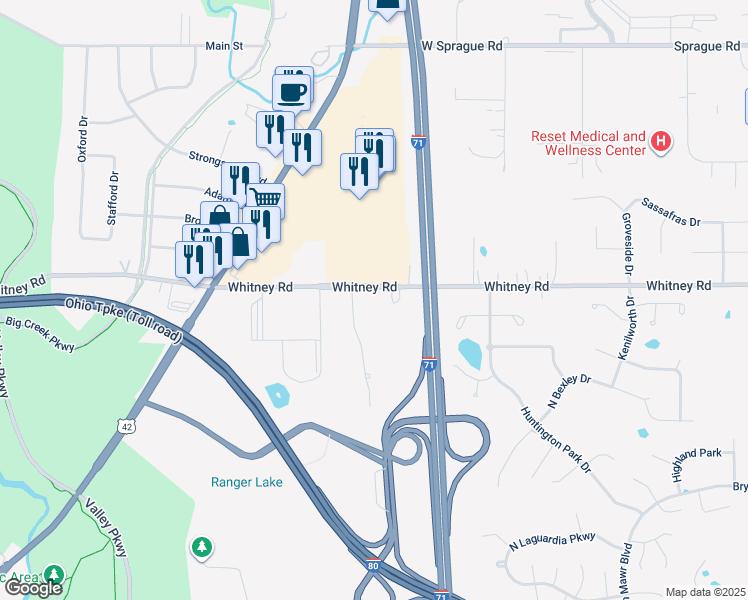 map of restaurants, bars, coffee shops, grocery stores, and more near 9217 Cherry Tree Drive in Strongsville