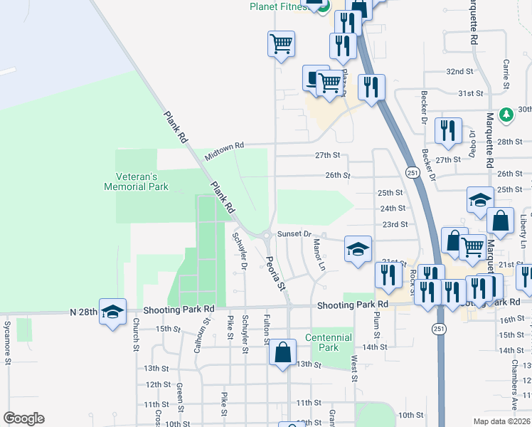 map of restaurants, bars, coffee shops, grocery stores, and more near Peoria Street in Peru