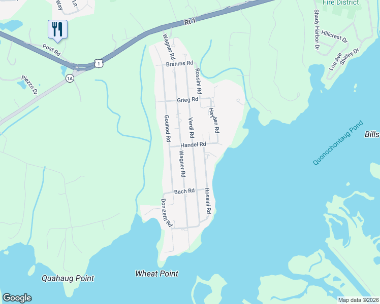 map of restaurants, bars, coffee shops, grocery stores, and more near 52 Wagner Road in Westerly
