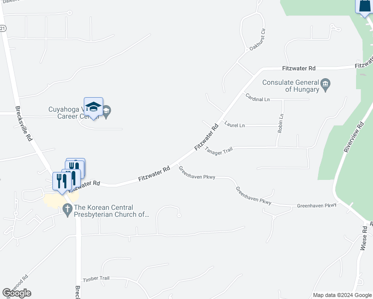 map of restaurants, bars, coffee shops, grocery stores, and more near 9595 Fitzwater Road in Brecksville