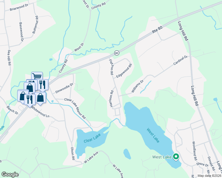 map of restaurants, bars, coffee shops, grocery stores, and more near 115 Flat Iron Road in Guilford