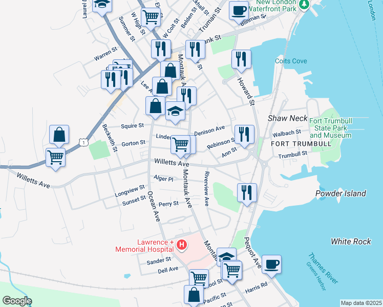 map of restaurants, bars, coffee shops, grocery stores, and more near 178 Montauk Avenue in New London