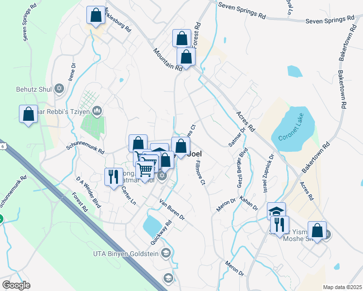 map of restaurants, bars, coffee shops, grocery stores, and more near 9 Hayes Court in Kiryas Joel