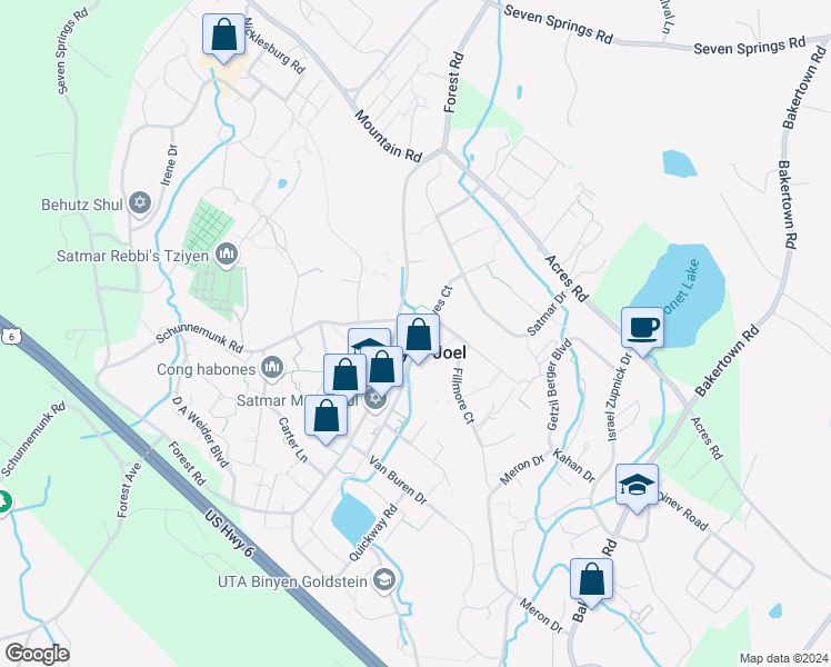 map of restaurants, bars, coffee shops, grocery stores, and more near 9 Hayes Court in Kiryas Joel