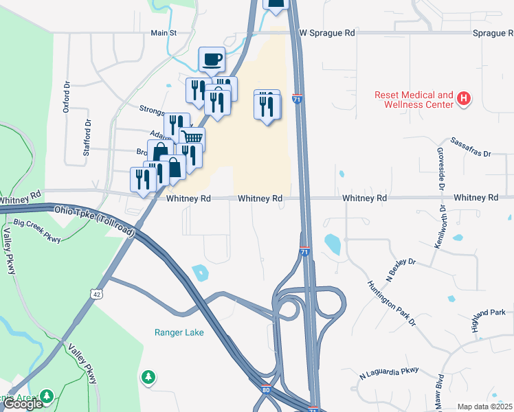 map of restaurants, bars, coffee shops, grocery stores, and more near 9217 Cherry Tree Drive in Strongsville