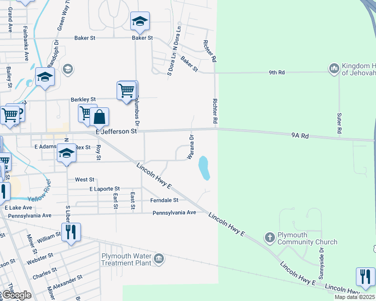 map of restaurants, bars, coffee shops, grocery stores, and more near 1147-1199 Warana Drive in Plymouth