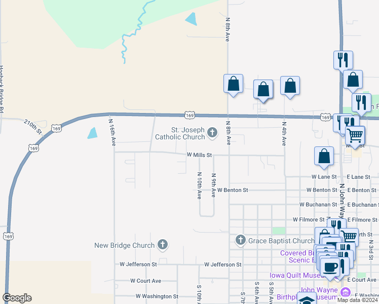map of restaurants, bars, coffee shops, grocery stores, and more near 1024 Annie Drive in Winterset
