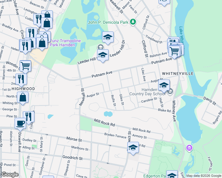 map of restaurants, bars, coffee shops, grocery stores, and more near 219 Augur Street in Hamden
